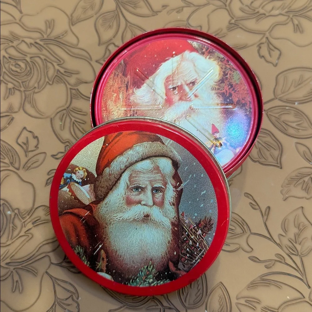 Vtg Tin Santa Claus Coasters, Christmas Lidded 5/ Container ~Holiday Round 3.5”